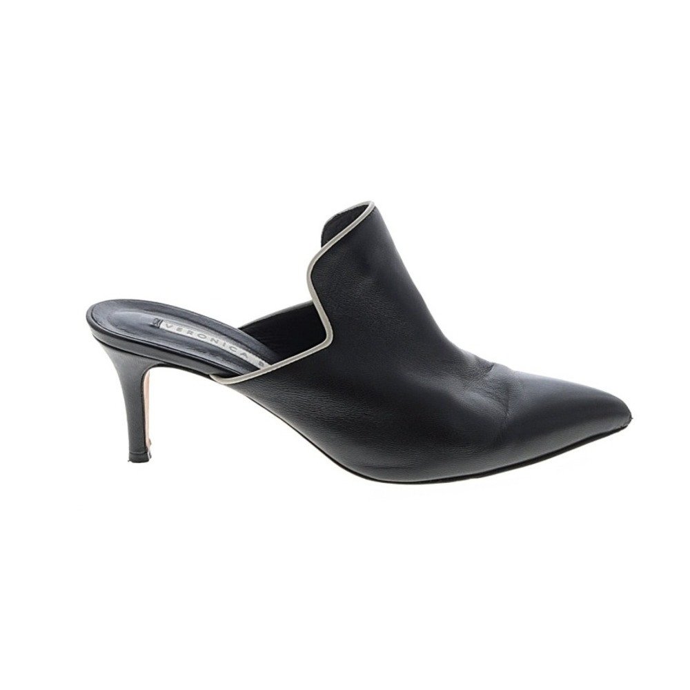 Veronica Beard Pearla Leather Mule Pointed Toe Kitten Heel Black Cream Trim 36.5